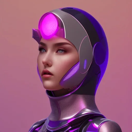 Cute girl in a robotic hijab suit,purple and pink backlight, orange lighting, profile