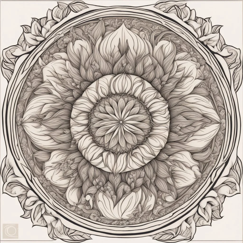 logo in a style of Mandala. Round. The logo depicts a mystical botanical motive. Thin lines. Ornament.