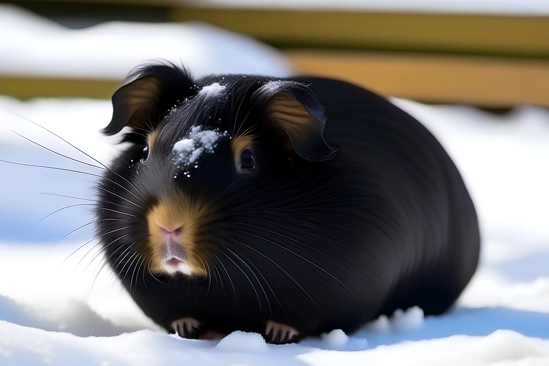 black guinea pig with brown nose, sledge, snow