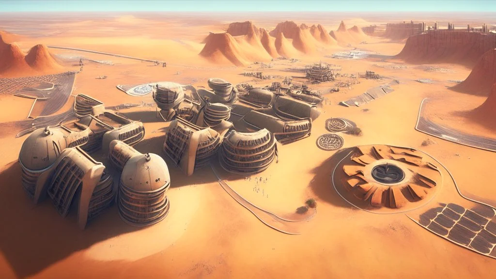 desert city from above, wind generators, retro futuristic