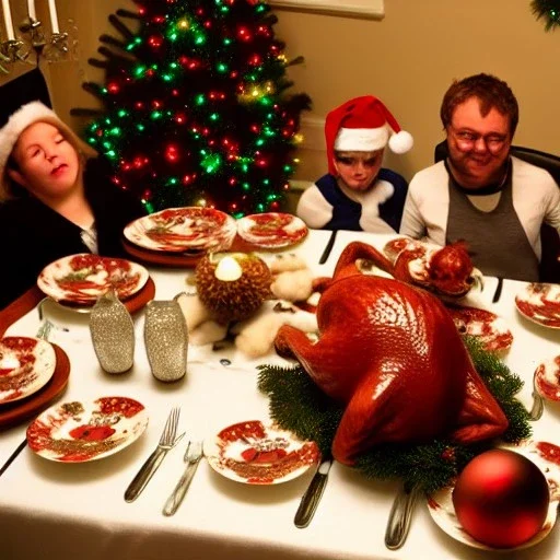 Cats and children eating Christmas dinner with alien lion and floating ball, and exquisitely decorated turkey and HR giger alien