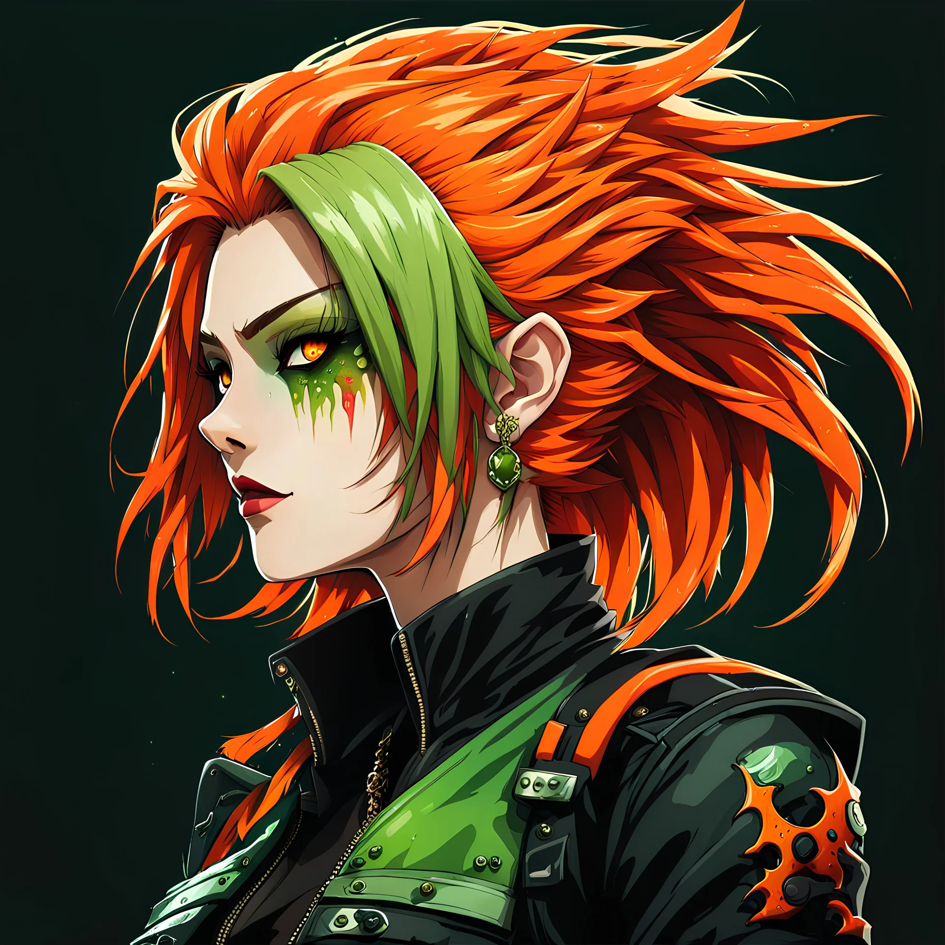 profile picture,2dcg,anime art style,green and orange color,wave hair ghoul biker lady,pure black color background,gore,violence,Decapitation,dismemberment,disturbing,Monster,guts,morbid,mutilation,sacrifice,butchery,meathooks,no hands,do not draw hands