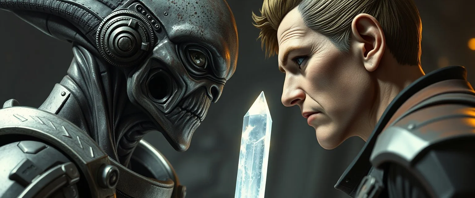 Close-up confrontation between an ancient alien outcast leader synth and a space broker, standing only a meter apart, intense eye contact, glowing crystalline rod between them, anger mixed with sadness, dramatic facial expressions, shallow depth of field, cinematic lighting, stylized 3D anime, airbrush painting, crisp outlines, escher , rembrandt and titian, fallout 4