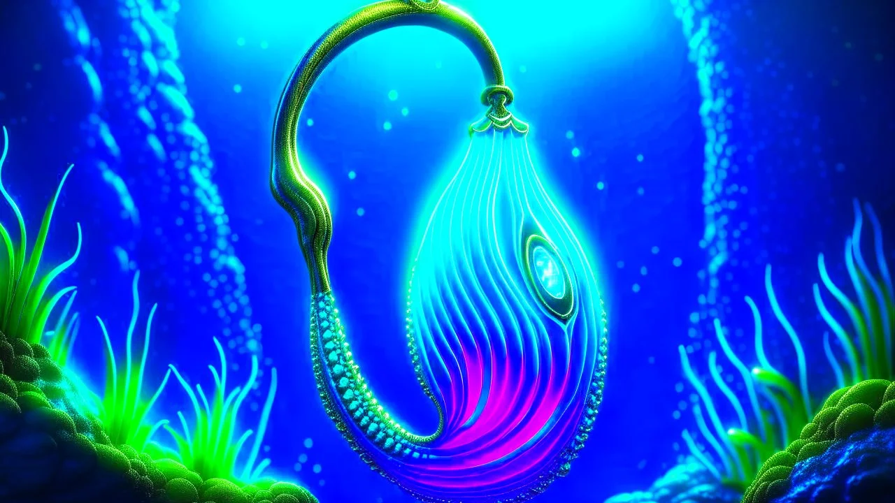 Fantasy digital illustration: Mighty magical Hawaiian fish hook, the fish hook glows with a blue!