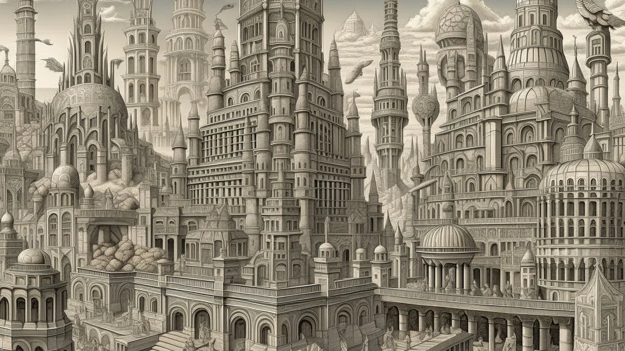 Depiction of an elaborate fantasy cityscape with various architectural styles, including classical and gothic elements, with statues of humans, animals, birds, and mythical figures with multiple levels of buildings.