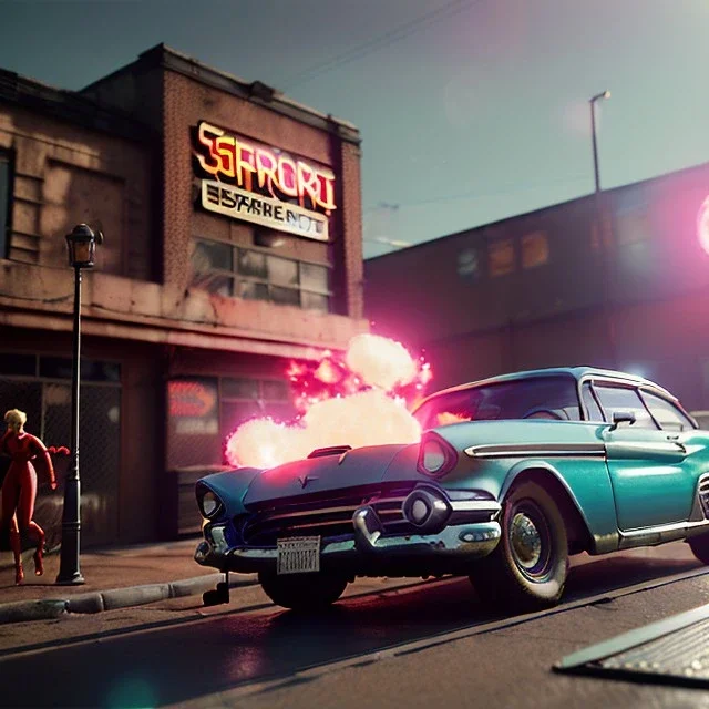 Ultra Realistic retro sci-fi, explosion Supermarket parking scene, 1960 year, many people running. blonde woman, sweet scarlet Johansson face, perfect iris, glow eyes, face makeup, tight latex coat; many panic people, Retro sci-fi style, soft color, highly detailed, unreal engine 5, ray tracing, RTX, lumen lighting, ultra detail, volumetric lighting, 3d, finely drawn, high definition, high resolution.