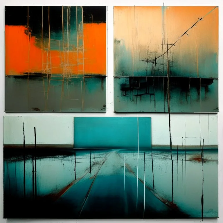 Minimal abstract oil paintings of a desolate 1960. Orange wires. On the floor are concrete fragments and road markings . In the dark mysterious style of Justin Mortimer and Francis Bacon. Triadic colours