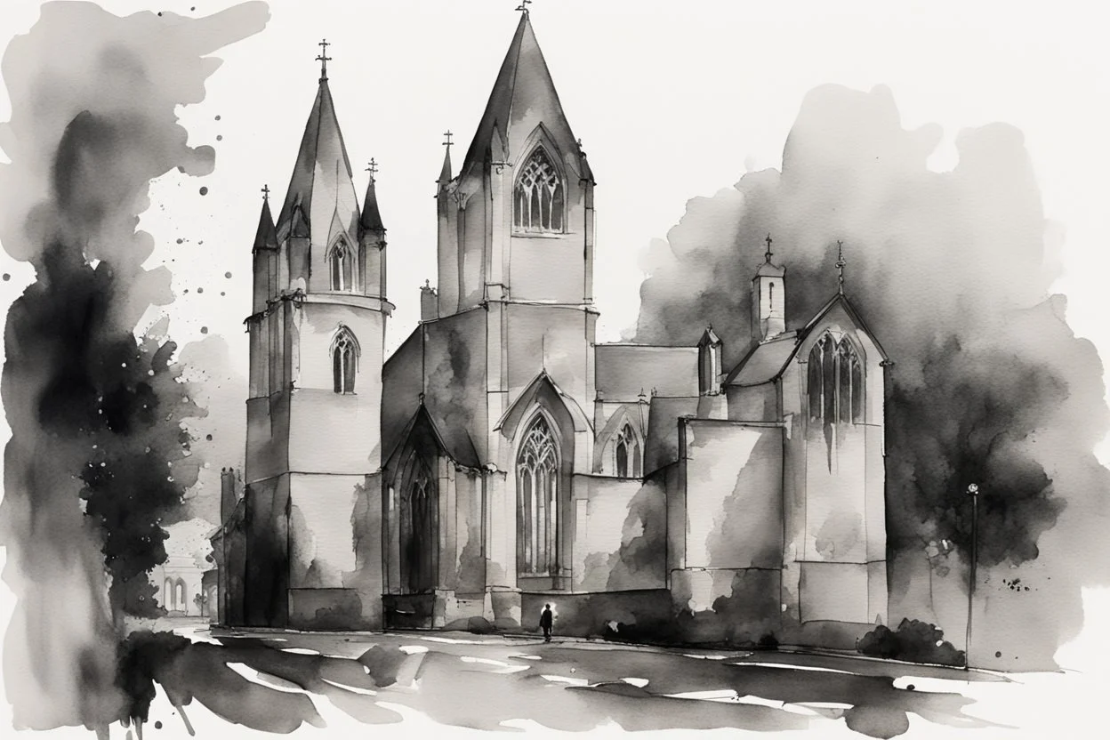 Portrait of an English church in black and white wet watercolour