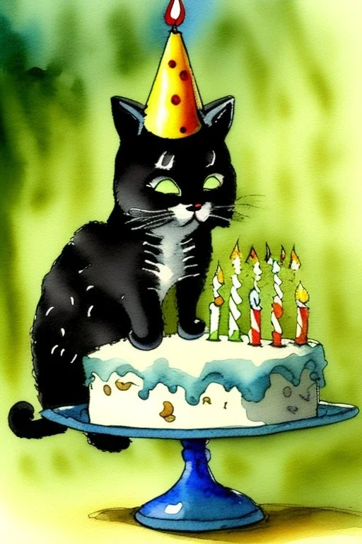 A cute cat is having a birthday cake. Watercolour