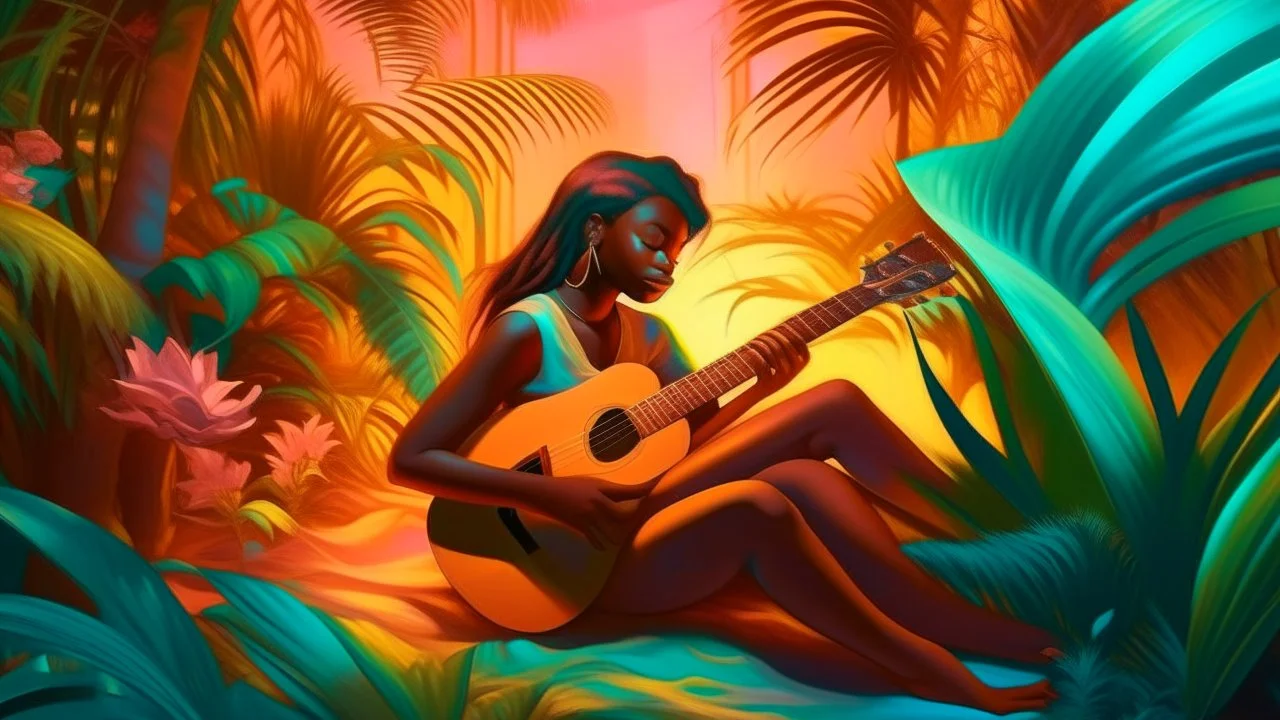 surreal and dreamlike, In a bustling corner, a young Black woman with braided hair is seated beside a tired palm tree, playing a stringed instrument. The scene is illuminated by soft light, with the sounds of whispers and chatter swirling above., saturated, pastel, dreamy atmosphere, liquid psychedelic