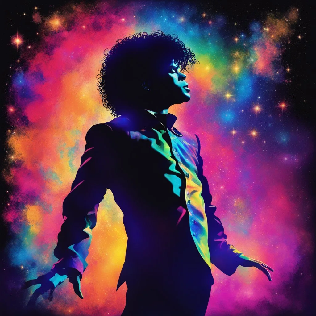 psychedelic colorful silhouette, Michael Jackson dancing profile, dramatic, stardust background