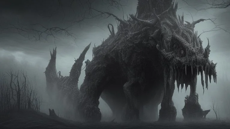The described image presents an extremely horrifying scene with grayscale colors dominating the picture, creating a dark and eerie atmosphere. In this context, there is a massive, monstrous creature positioned prominently in the foreground of the image. This monster appears to be mythical and intensely frightening, characterized by its terrifying features and its colossal, imposing body that exudes immense power. When one looks at this monster, its face and eyes exhibit horrifying details, seem