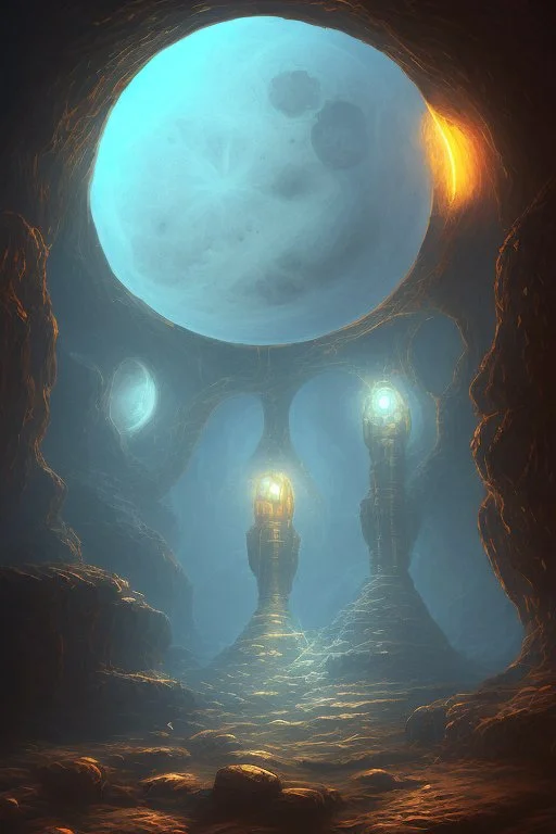abstract, Moon like lamp in a dwarven mine underground, dungeon