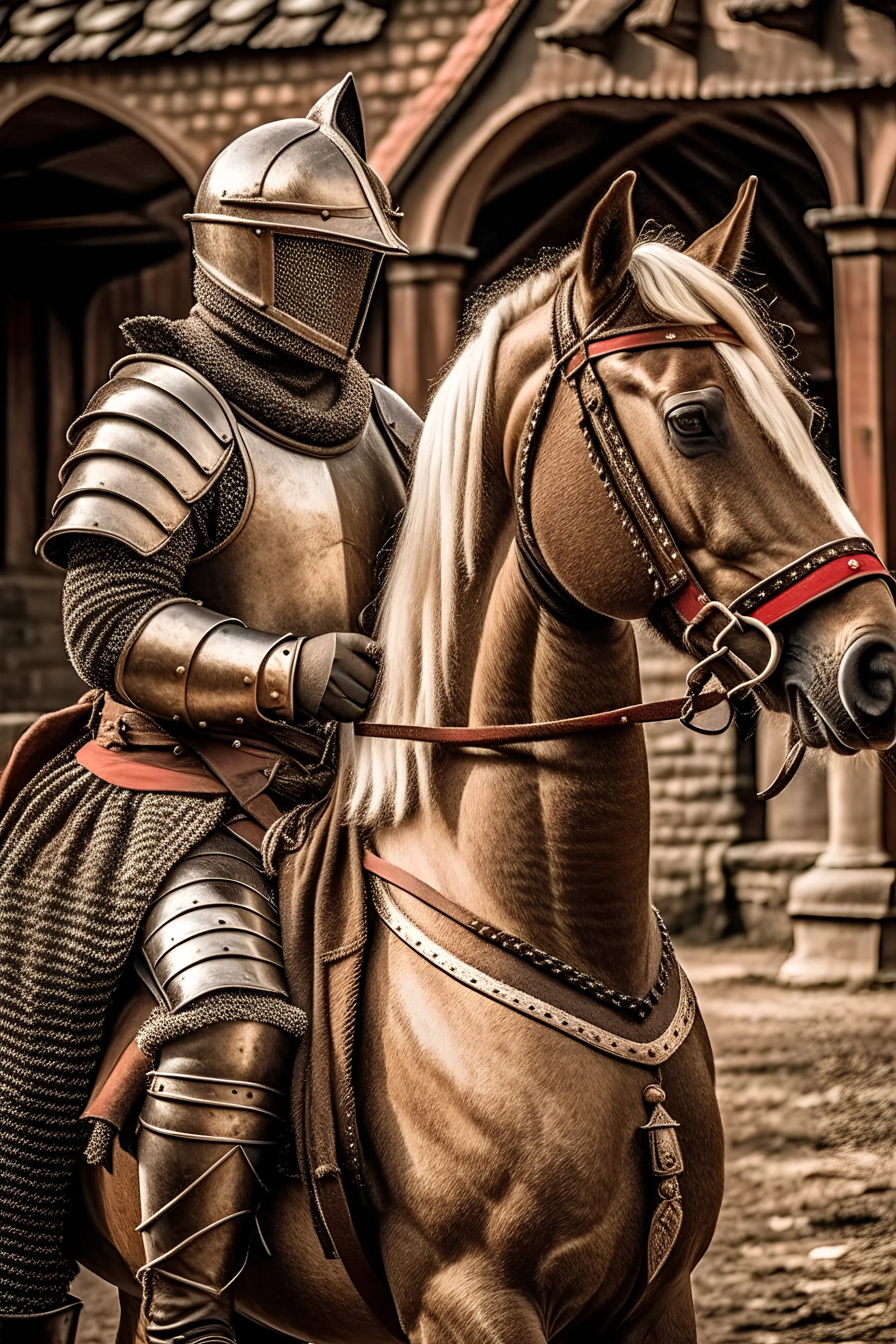 A purebred horse with a knight from the Middle Ages