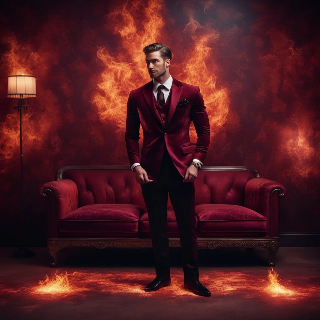 Hyper Realistic Handsome-Muscular-Man Wearing Maroon-&-Black-Velvet-Tuxedo in flame-patterned-vintage-wall with glowing-embers on the floor in a dark-room with fancy-couch-&-fancy-lamps-on-wall