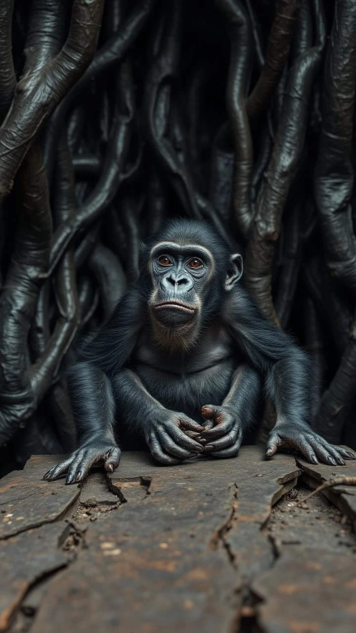 A gorilla in the background of black vein, human veins, mixing together a lot of them, like a forest, big and small veins a lot of them, an army a dead baby monkey sitting on an old broken table