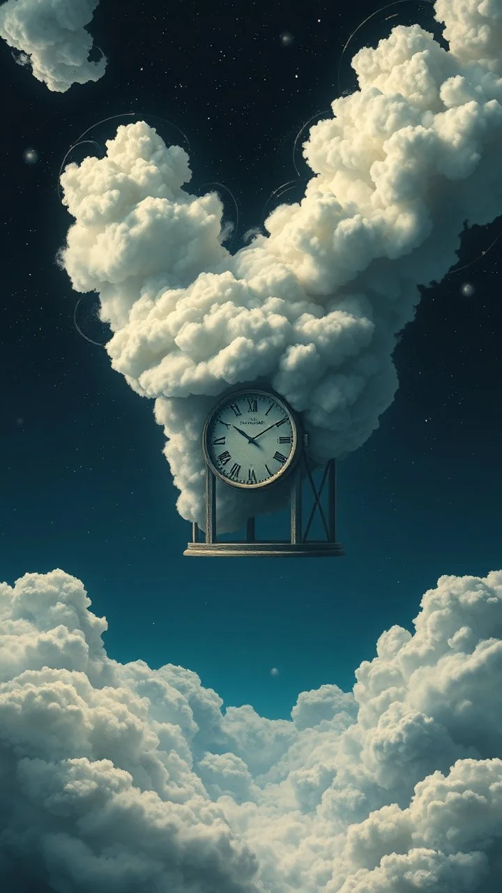 A TIME MACHINE WITH clouds RUNNING FROM IT TO THE HEAD