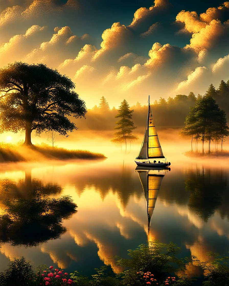 serene landscape of a peaceful lake at sunrise, with misty fog rising from the calm water, surrounded by lush green trees and vibrant flowers. A solo sailboat with a white sail billows in the gentle breeze in the distance. The warm sunlight casts a golden glow on the scene, with the sky transitioning from soft pink to gentle blue and feathery clouds. The trees are reflected perfectly in the still water, creating symmetry and balance. Evocative of a tranquil and harmonious m