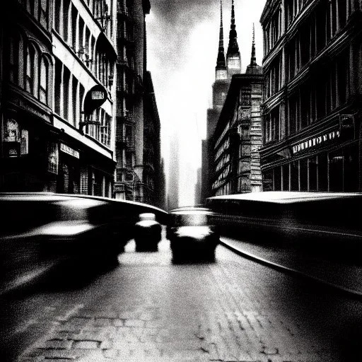 Street photography of cityscape Gotham Metropolis,European Neogothic imperial city, uphill Road, 1900s photograph, 8K resolution, #film, diffuse light,German noir,matte painting,chaos city, traffic,BioShock