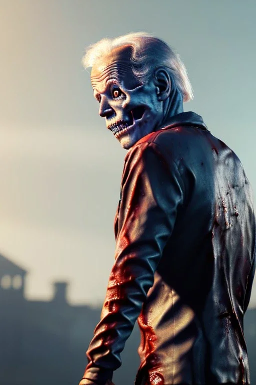 Ultra realistic image, joe biden zombie, zombie performance, skull, blood, torn arm, night, walking twisted, waist up view, thriller style, dark ambient, highly detailed, White House background, concept art, unreal engine 5, god rays, ray tracing, RTX, lumen lighting, ultra detail, volumetric lighting, 3d, finely drawn, high definition, high resolution.