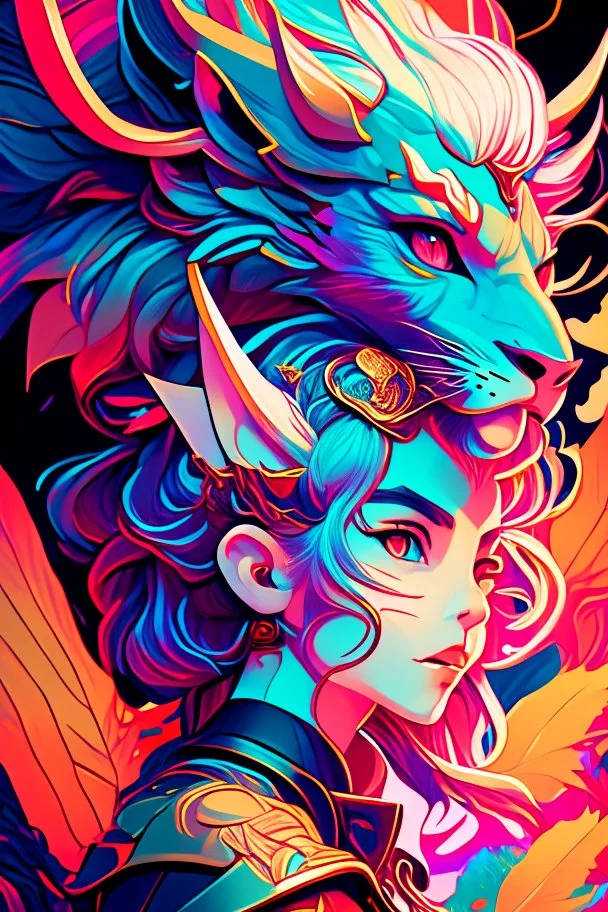 A dragon mixed with a mythical lion and a human female elf.Dramatic and powerful look and feel. Extensive attention to details. Bold lines. Vivid colors. 80s style retro anime art. Double exposure. cartoon style. cubism style