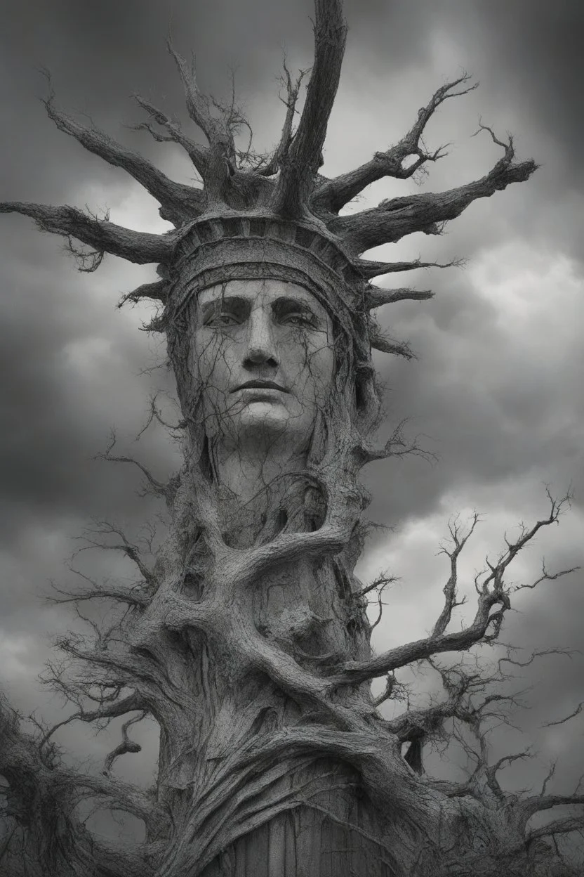 surrealis monochrome A fragmented, surreal the Statue of Liberty liguid color of photorealistic image 3d, psychedelic The tree appears pale with deep cracks and intricate details, evoking a haunting expression. Blackened tree branches intertwine with the gold mengkilat cracks, set against a backdrop of stormy, cloud-filled skies. bauhaus art The overall tone is dark and moody, suggesting themes of decay and transformation