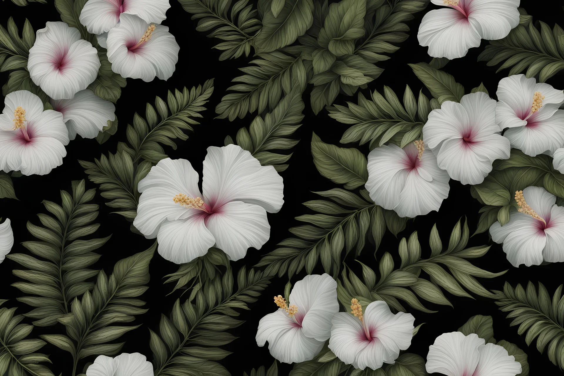 a close up of a real classical paint Hibiscus flowers pattern, ferns, hawaii flowers, on a black background, nature and floral aesthetics, ornate flowers, floral details, beautiful wallpaper, floral renewal, detailed flowers, floral explosion, wallpaper aesthetic