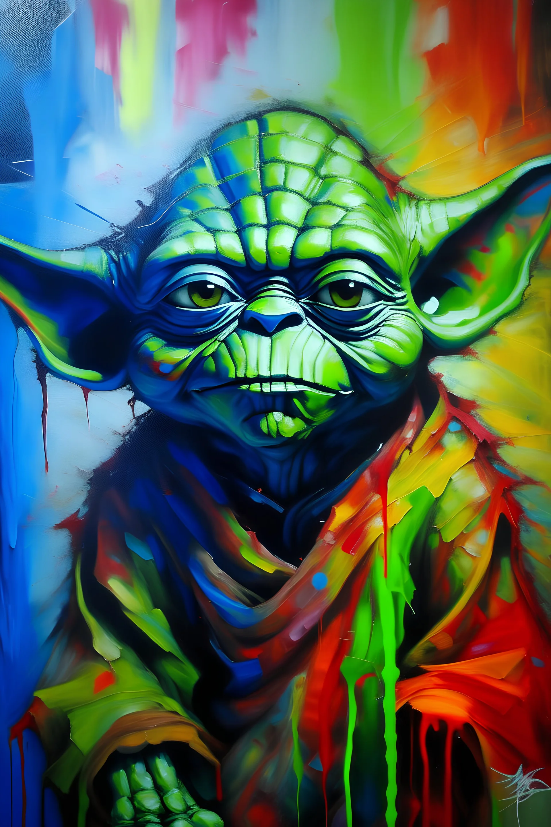 Abstract multi coloured yoda and oil painting
