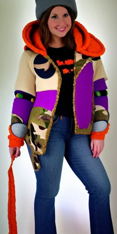 Brunette.thick thighs,thick calves,flat belly,curvy fell. big head. Mantle is sewed of upcycled Denim and sewed together of camouflage pieces. Pieces' color are orange, cream and purple. It is with big bright purple felt tippet and cream-colored-hood. mantle is merged with satchel. . Big AKG-style headphones (gold rings!) is merged with small felt cap with small visor. Style: Haute Couture in 1920's, N.Y.C fashion in 1996, inspired by street art. Cream latex gaiter. Her head and rest body visibl