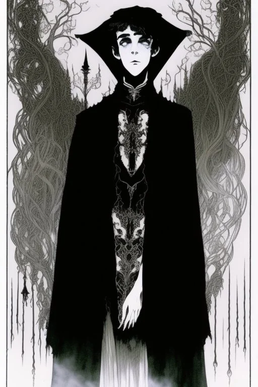 17 year old boy, necromancer, friendly, looks dead, surrounded by weird smoke with eyes, wearing black robes, in the style of Harry Clarke