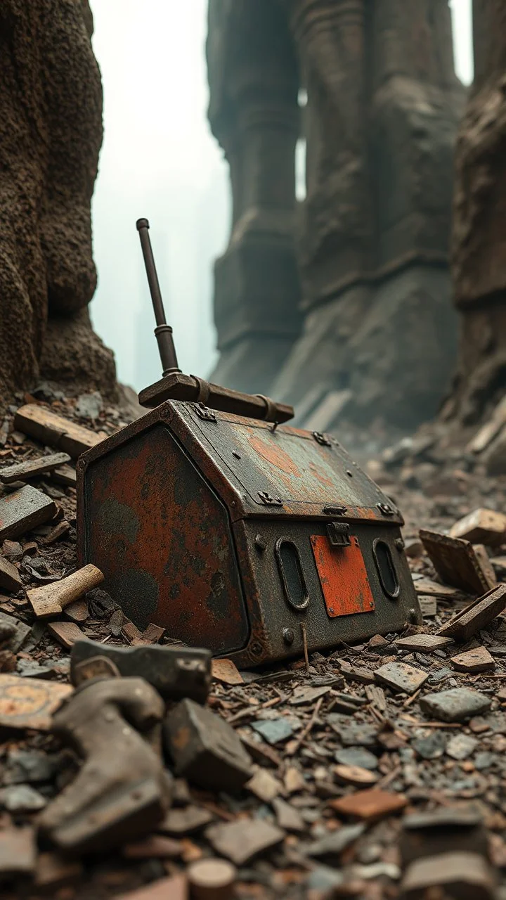 bandit's loot, post-apocalyptic, half of it buried and shattered metal around it
