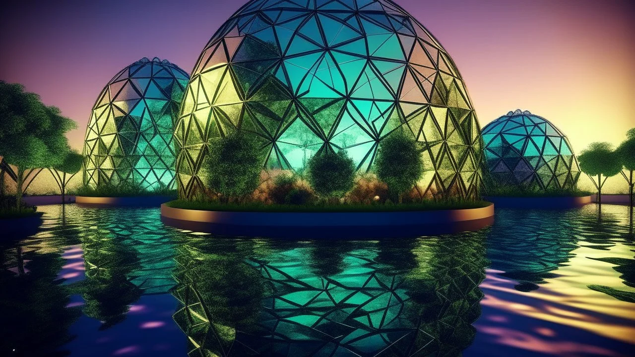 Intricate geodesic domes with a unique, angular structure composed of metal and transparent materials, safeguarding flourishing floating gardens on a calm, mirrored body of water, split gradient colors background, volumetric lighting,dimensional 3D illumination