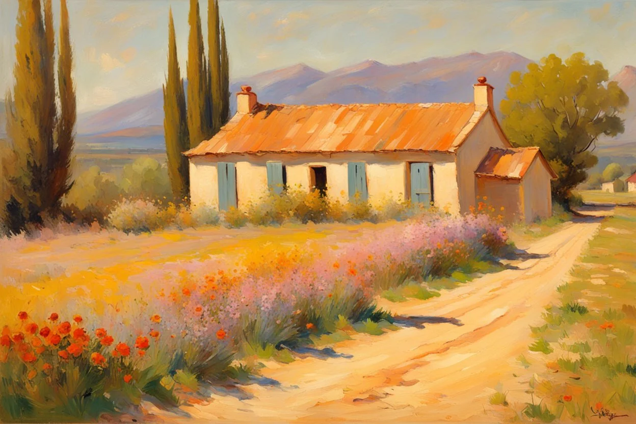 sunny day, mountains, trees, dirt road, flowers, spring, countryside, adobe house, wilfrid de glehn and rodolphe wytsman impressionism paintings