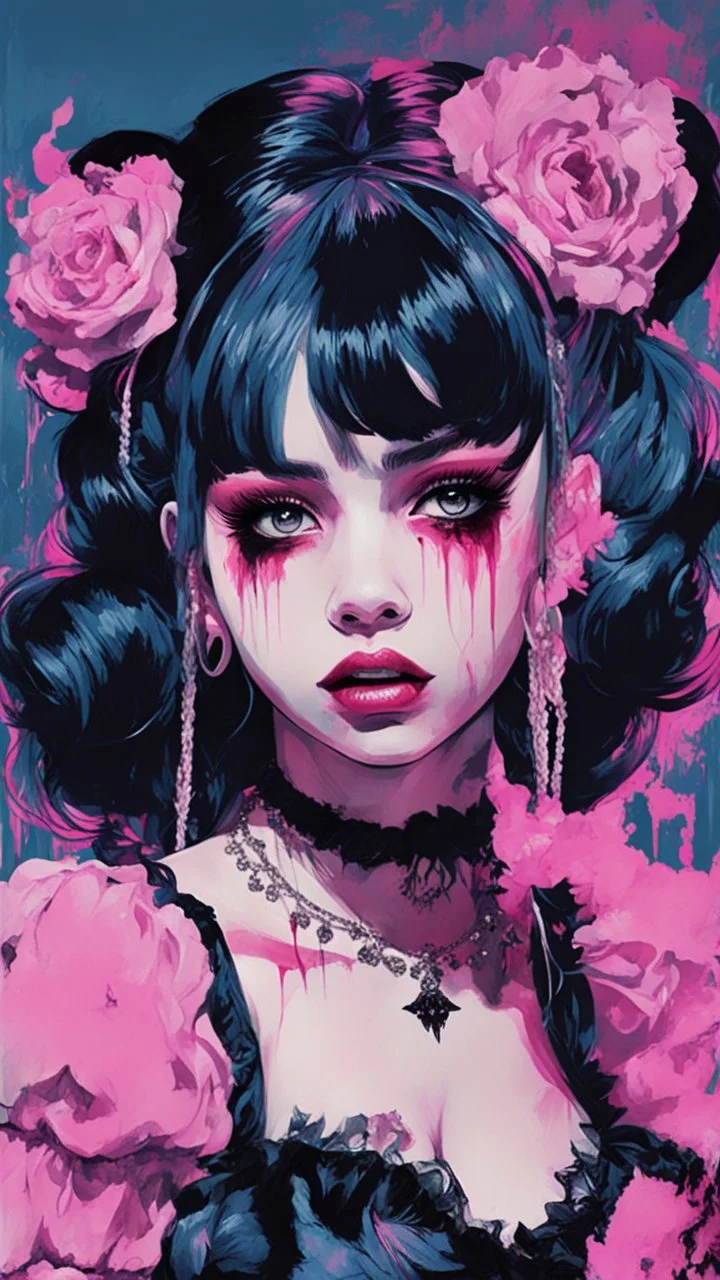 Poster in two gradually, a one side malevolent goth vampire girl face and other side the Singer Melanie Martinez face, full body, painting by Yoji Shinkawa, darkblue and pink tones,