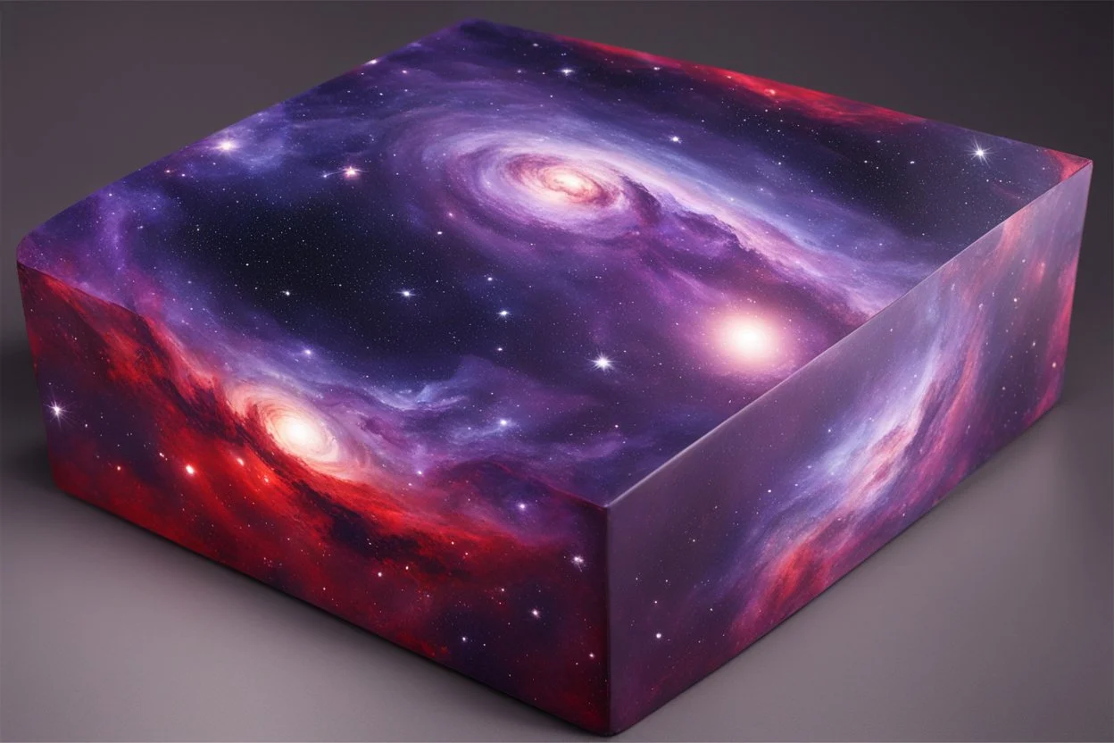 beautiful paintings of purple space, galaxies on red rectangular box, very realistic