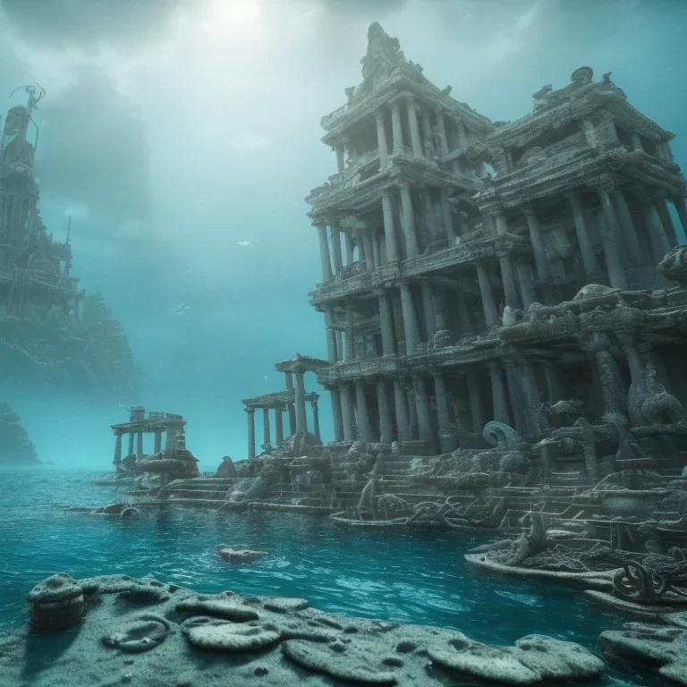 lost underwater city, Poseidon, highly detailed, cinematic, ultra photorealistic, ultra realistic, volumetric lighting, sun shafts, spectral, 4k, 8k, fish swimming around, murky, coral reef, shipwreck, unreal engine