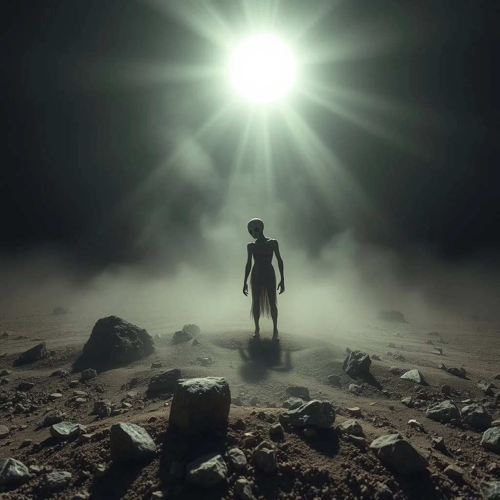 A striking quality close-up photograph captures a wasteland with odd figure, spooky, creepy, details of the dust very accentuated, glossy, organic, adorned with minerals and rocks, fog. Bathed in intense light, eerie, Max Ernst style, black sun, fog