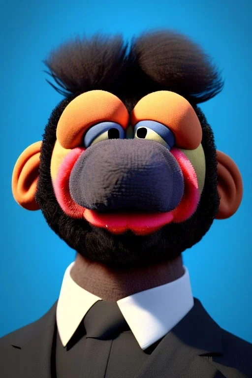 Waist up muppet Portrait, Xi Jinping as muppet doll, Black suit, red tie, photo studio, blue background, unreal engine 5, concept art, art station, god lights, ray tracing, RTX, lumen lighting, ultra detail, volumetric lighting, 3d.