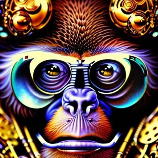 An ultra hd detailed painting of monky chilling out by android jones, earnst haeckel, james jean. behance contest winner, generative art, baroque, intricate patterns, fractalism, movie still, photorealistic