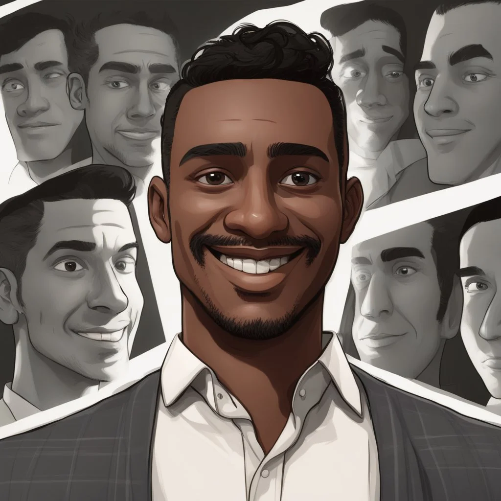 a portrait of smiling man wearing formal shirt. Wavy black medium hair. brown skin. black eye pupils. big nose. round face shape. pixar style. headshot. 4k. portrait. highly detailed. full color.