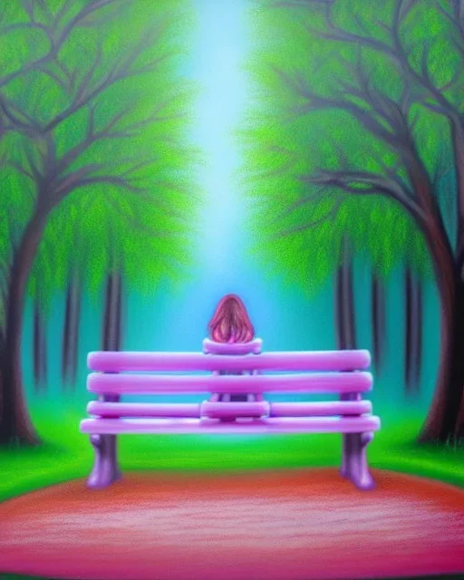 park mystical dream, park bench, man, woman, child, dog, trees, path, bird, sunshine, mystical, fantasy, romanticism, pastel colors, daylight, daytime, acrylic painting, detailed,