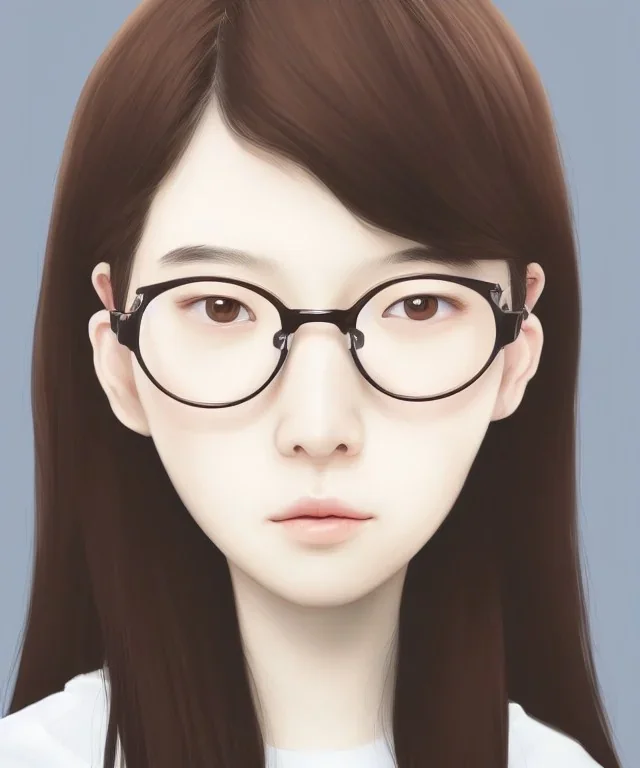 a realistic portrait of beautiful young Korean gamer girl ,hands on the Chen , brown hair, round glasses,white headfone,adorable, seductive and sexy looking, slight smile, intricate, elegant, highly detailed eyes, digital painting, 8k, artstation, concept art, smooth, sharp focus, illustration, studio quality, art by victo ngai