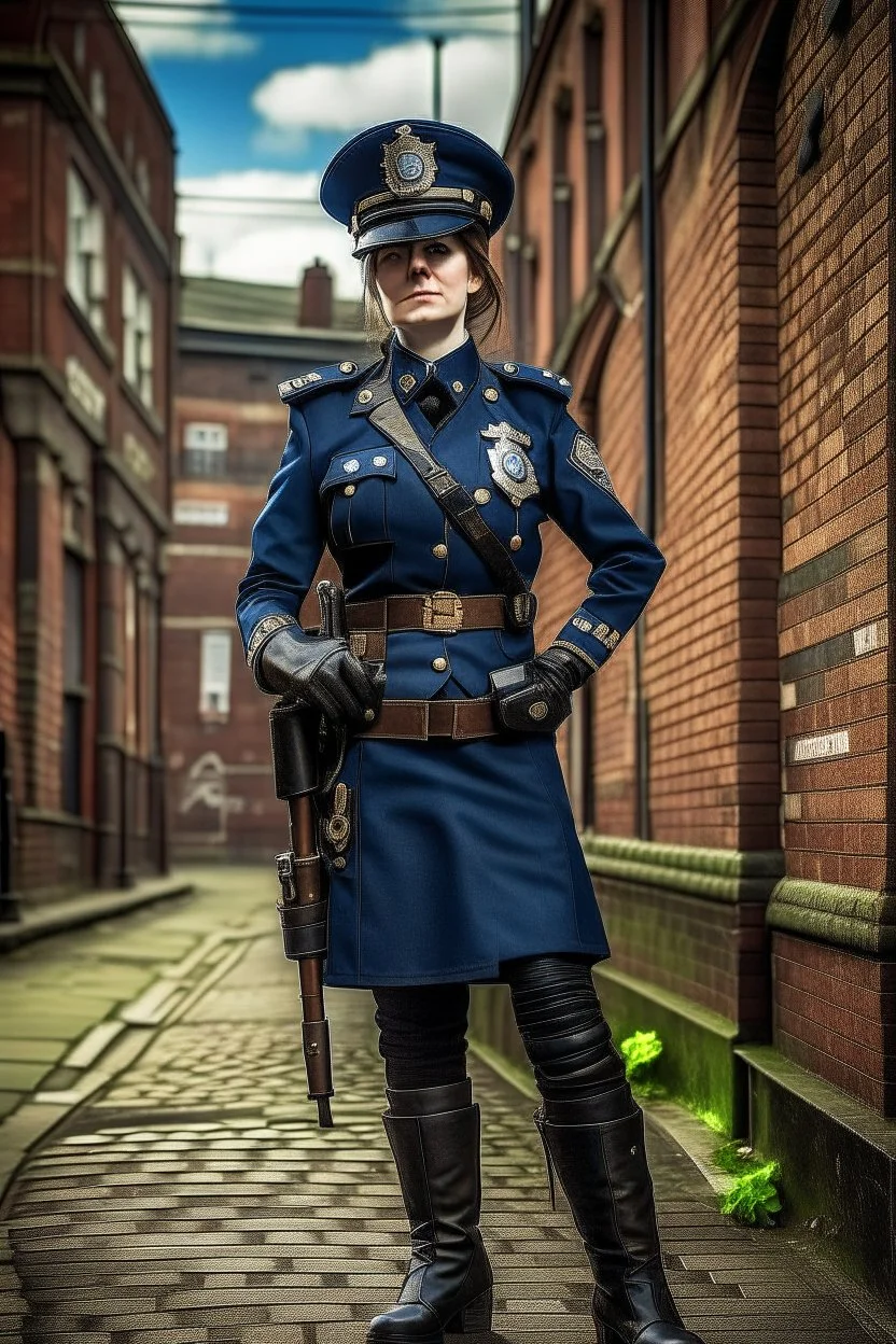 full body picture of a UK policewoman, steampunk city background