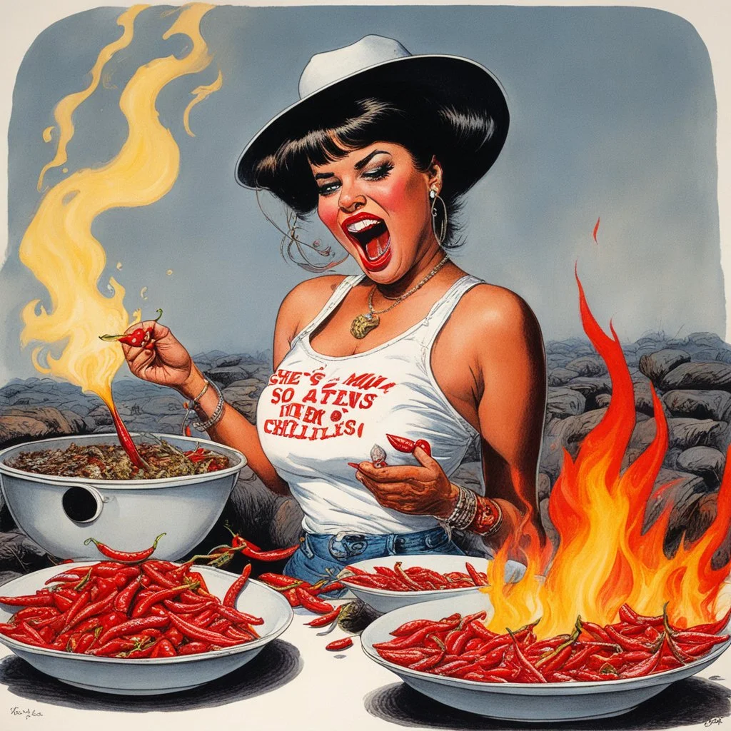 [art by Jack Davis] she's eaten so many chillies she's on fire