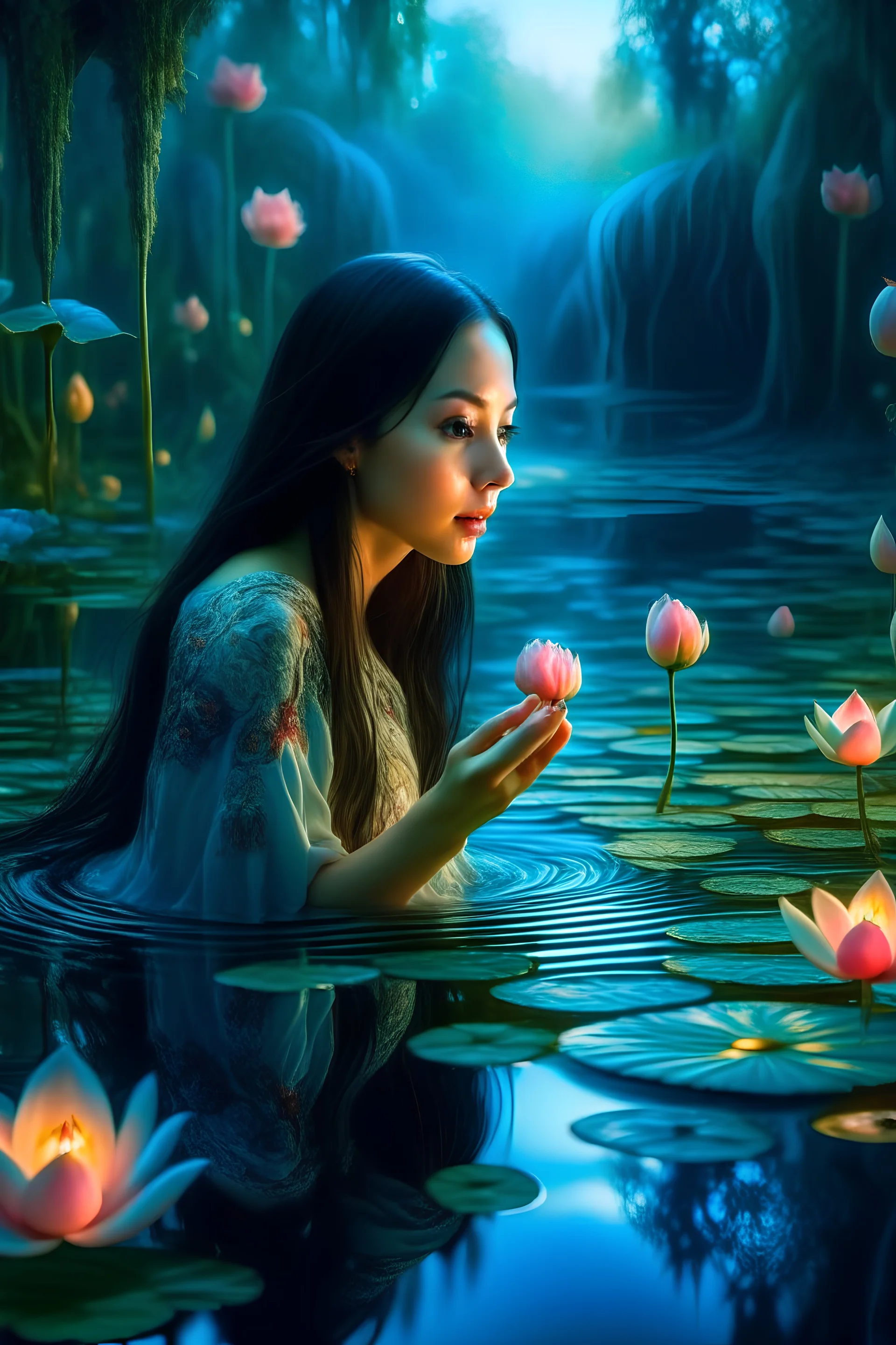 Ornate Beautiful indonesia young lady touching a reflection of their in pretty, lotus pond, outer space glowing forest background, dark long wavy hair, cheerful fantasy, intricate details, hyper detailed