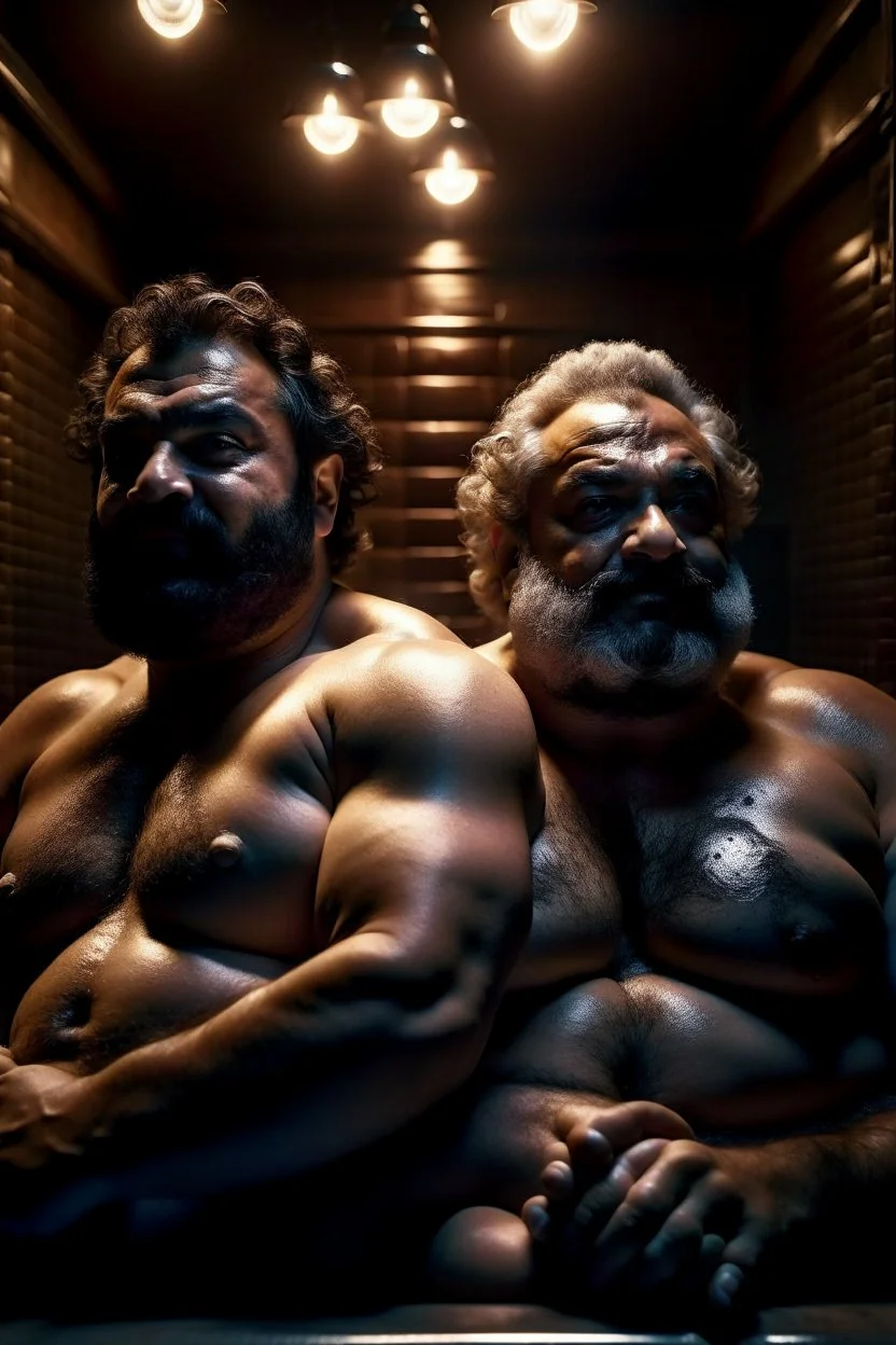 full body shot photography, two muscular chubby ugly burly marocan men , sweat, bulge, masculine hairy 45 year old man, curly hair, manly chest, curly beard ,big shoulders, big arms, big legs, bulge,, ambient occlusion , lying down sleeping in a steamy Sauna, super high resolution, 8k, dim light, side light, ultra hyper realistic, frontal view