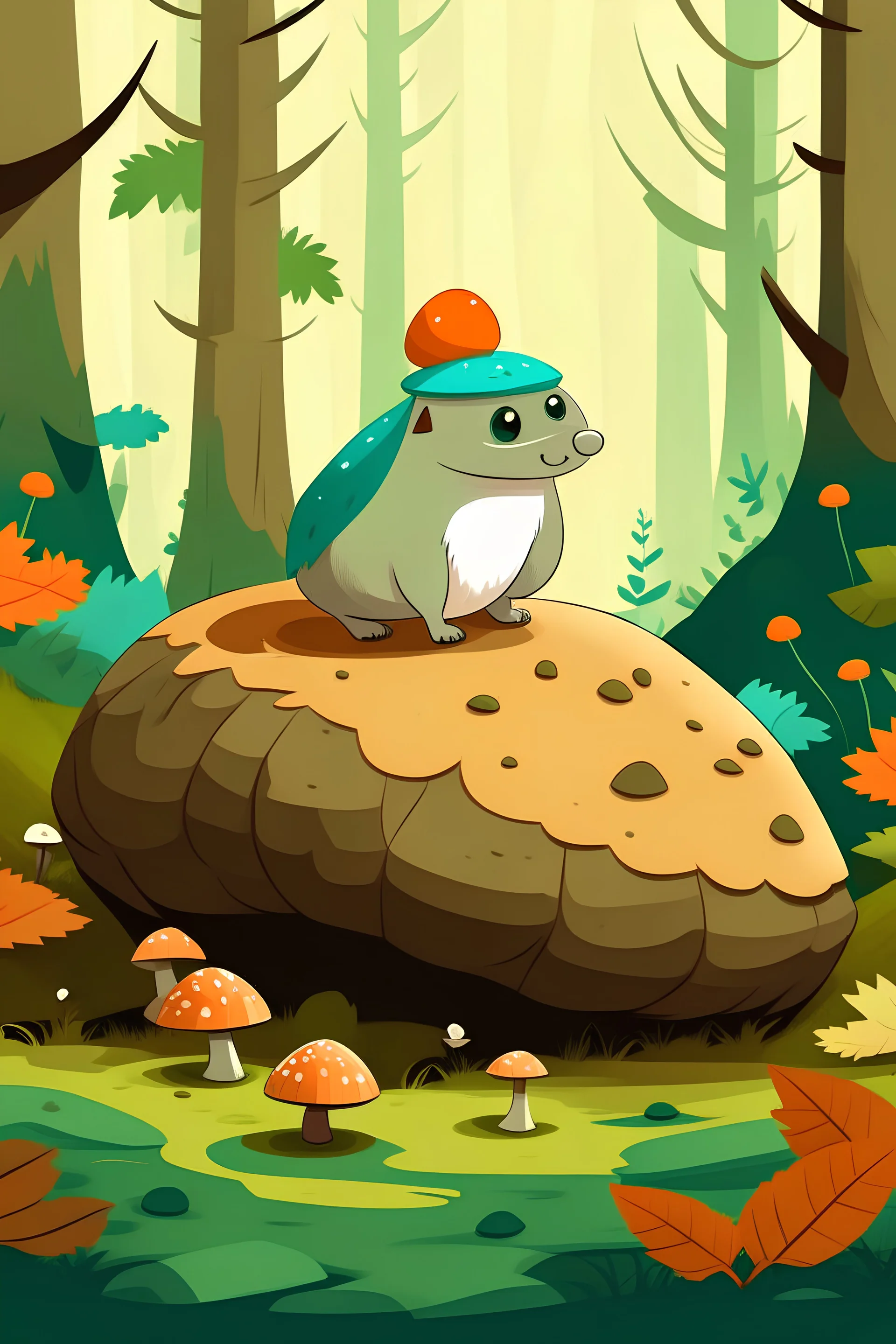 Vector image with colors inspired by Looish of a cute, young and agile character of a mixed animal, mixed acorn, standing in a Nordic forest with big rocks, moss and mushrooms in the background