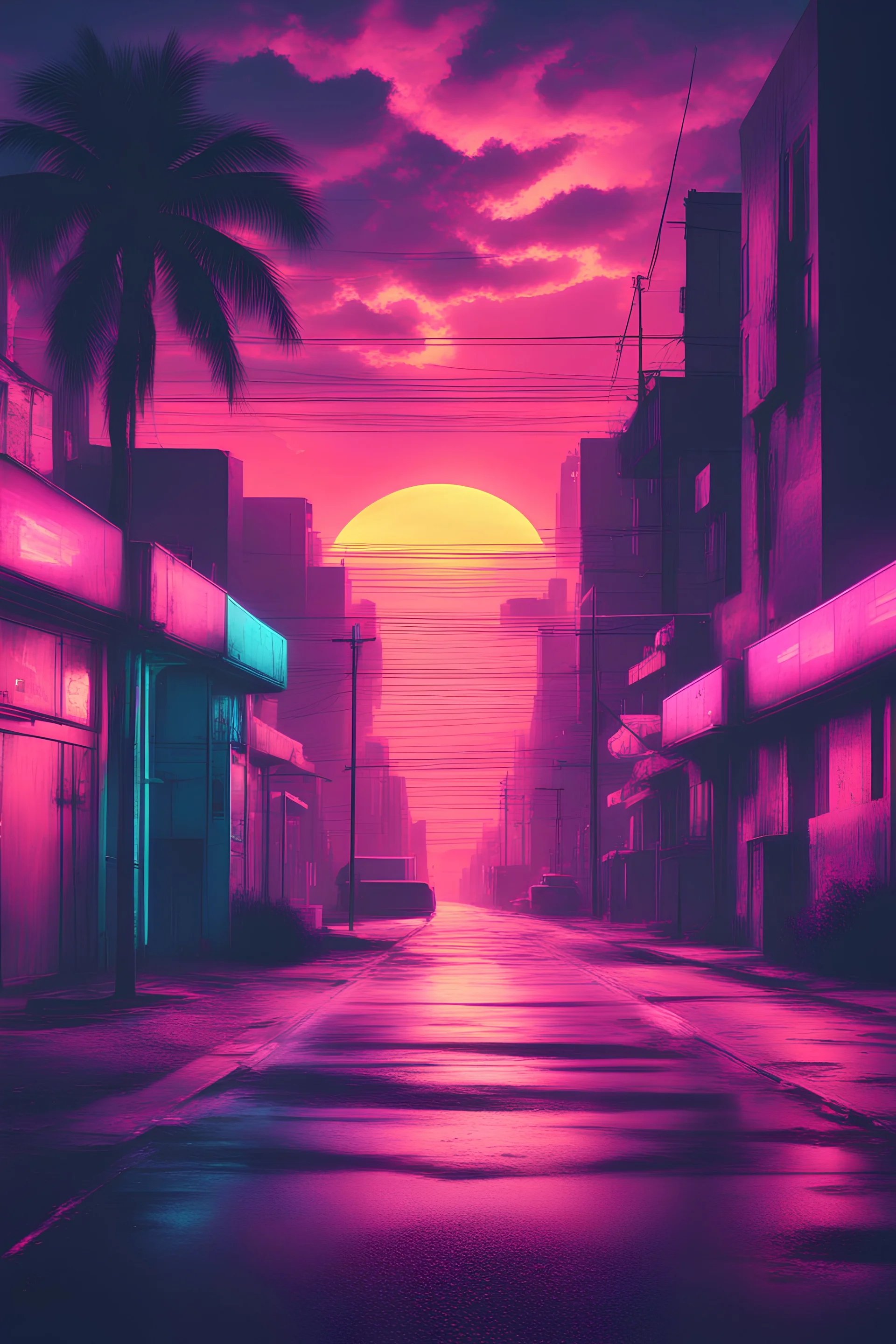 Retro wave, synth wave, with neon light, sunset, clouds, deserted street