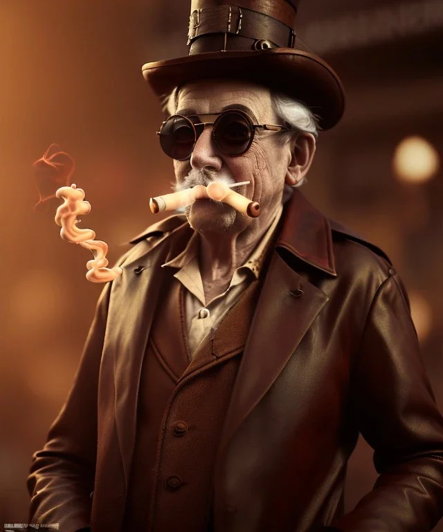 steampunk, cabaret scene. old man. Sunglasses, rain, smoking, happy, hot, people background, highly detailed, concept art, unreal engine 5, god rays, ray tracing, RTX, lumen lighting, ultra detail, volumetric lighting, 3d, finely drawn, high definition, high resolution.