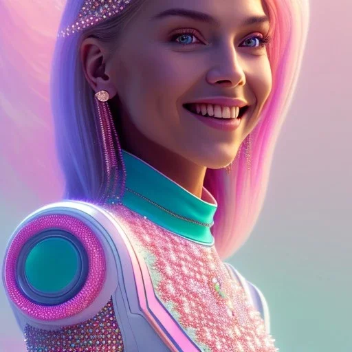 A portrait of a crystalised girl,smiling, laughting longs thin hairs white atmospheric, realistic,, cinematic lighting, octane render,, pink turquoise light, white skin, pink atmosphere, nice smile, wholw body and head, jewels brillant, blue eyes, soft face, big smile, very happy, 8K hight quality, bright eyes light, pink silk dress, wrings fairies